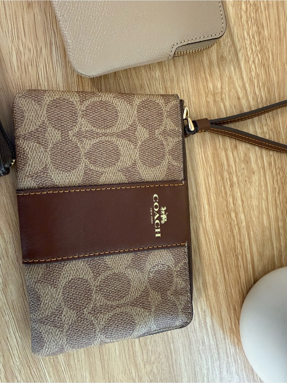 Coach Brown Signature Canvas & Dark Brown Leather Wristlet with Gold Logo